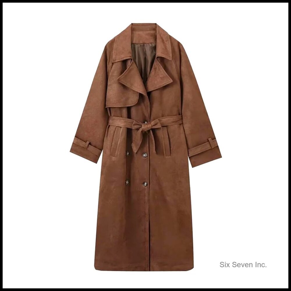Faux Suede Trench Coat Double Breasted Pea Coat with Belt - Picture 1 of 6